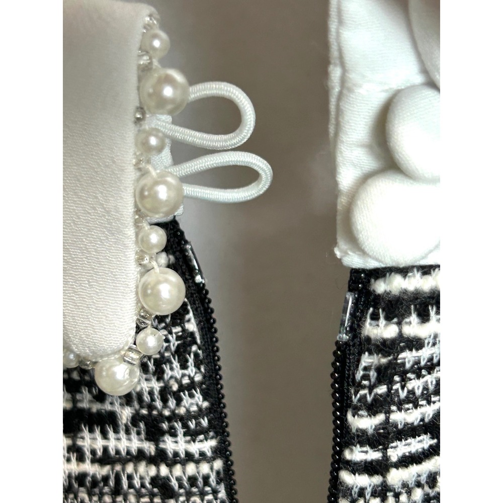 Karl Lagerfeld Paris Tweed Mini Dress Black Whte Faux Pearl Short Puff Sleeve 12 - Picture 12 of 16